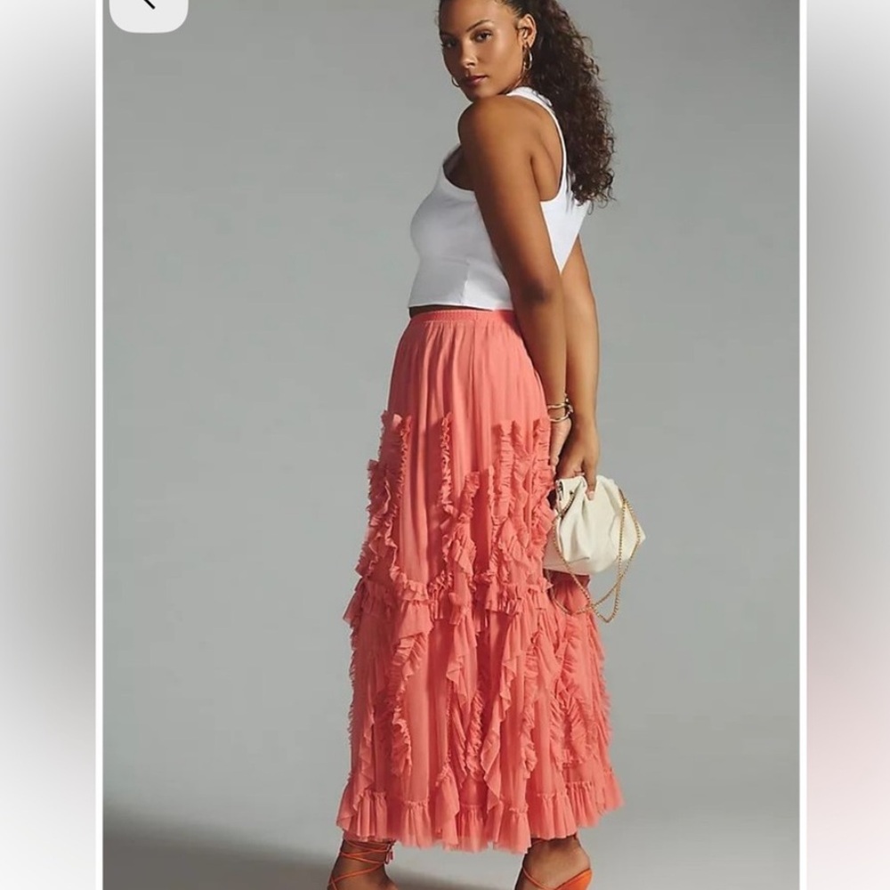 Anthro ruffle tulle & mesh midi skirt, gorgeous coral color, elastic waist, NWOT - Picture 13 of 13